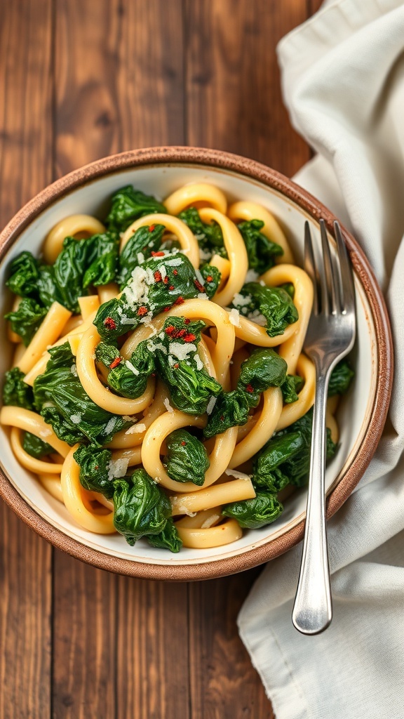A bowl of creamy kale pasta garnished with parmesan and red pepper flakes on a rustic wooden table.
